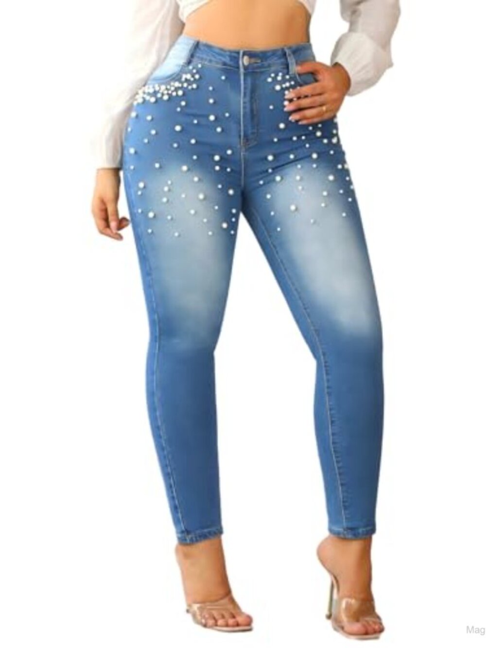 Rhinestone Pearl Skinny Jeans Mid Rise Stretchy Denim Party